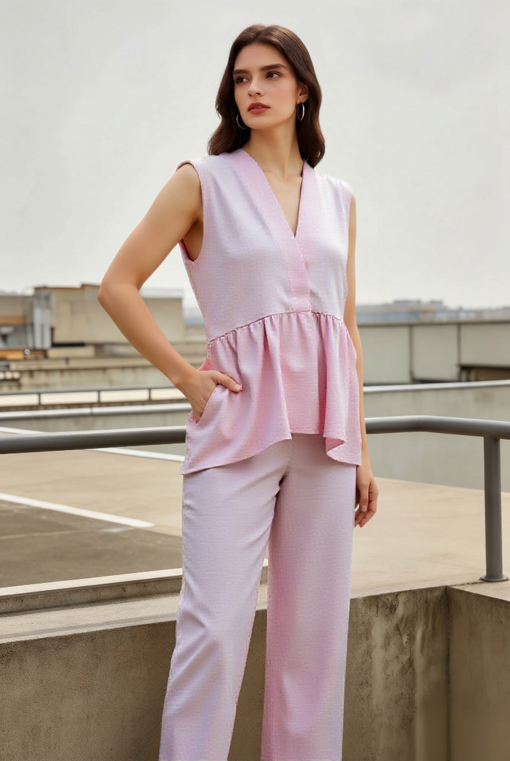Romantic Cotton V Neck Sleeveless Vest Pants Two Piece Set
