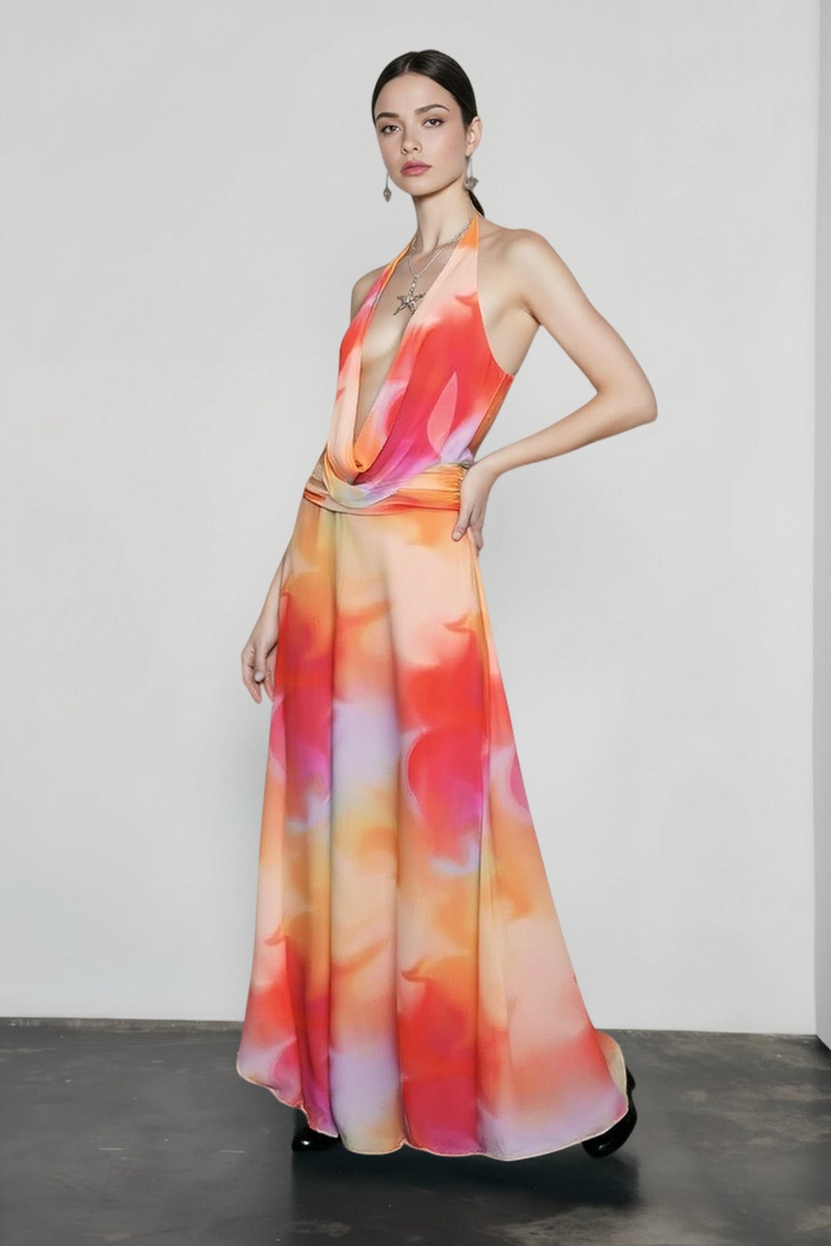 Printed Halter Cowl Neck Bodycon Vacation Dress