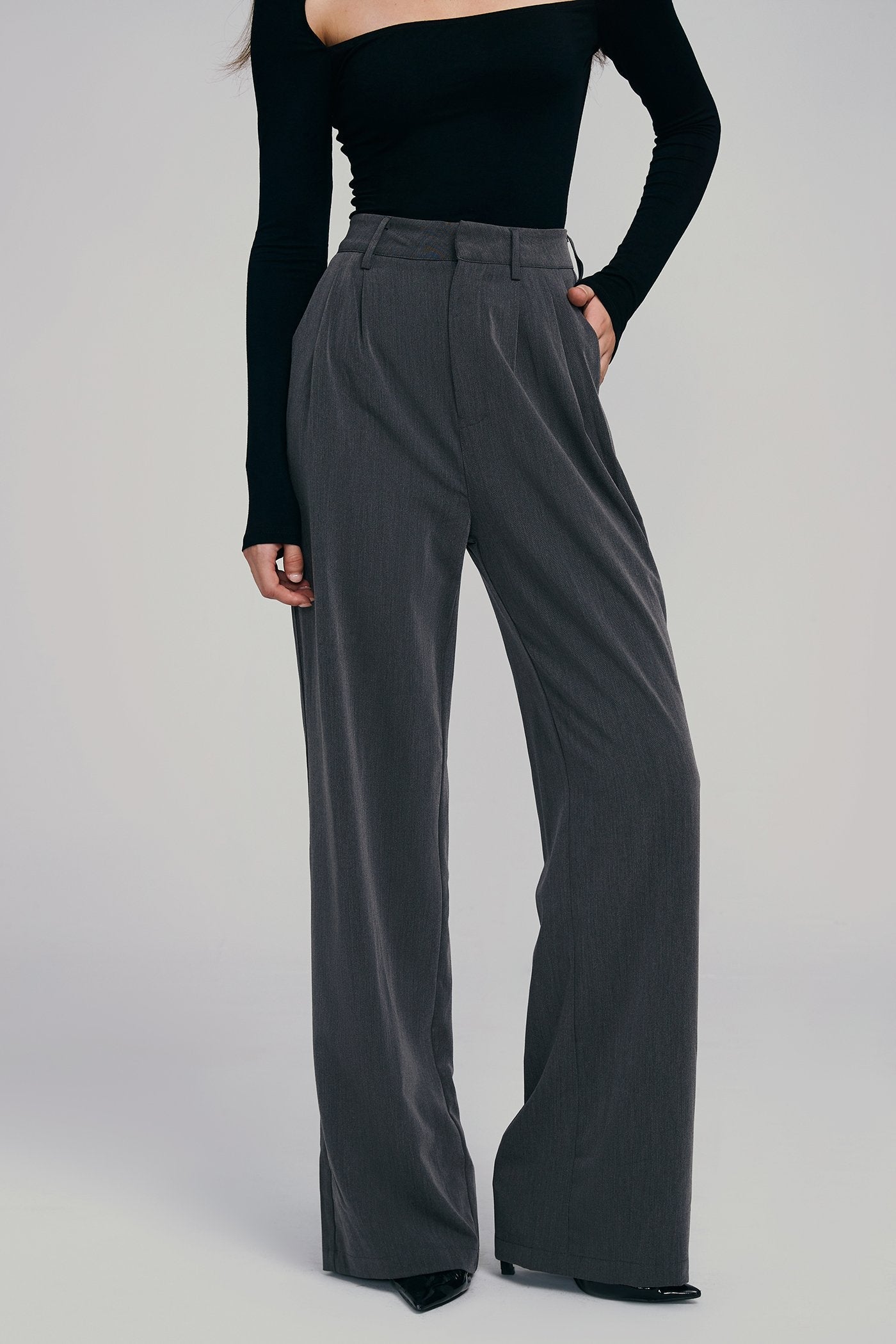 High Waist Dual Pocket Draped Wide Leg Pants