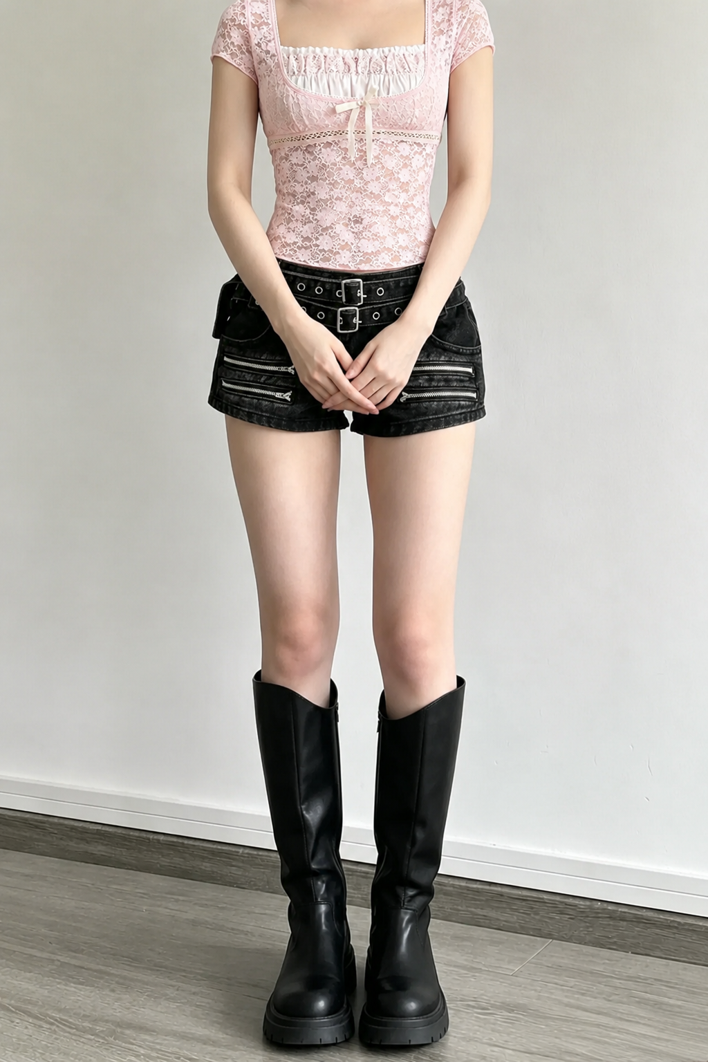 Square Neck Lace Spliced Tie Slim Blouse