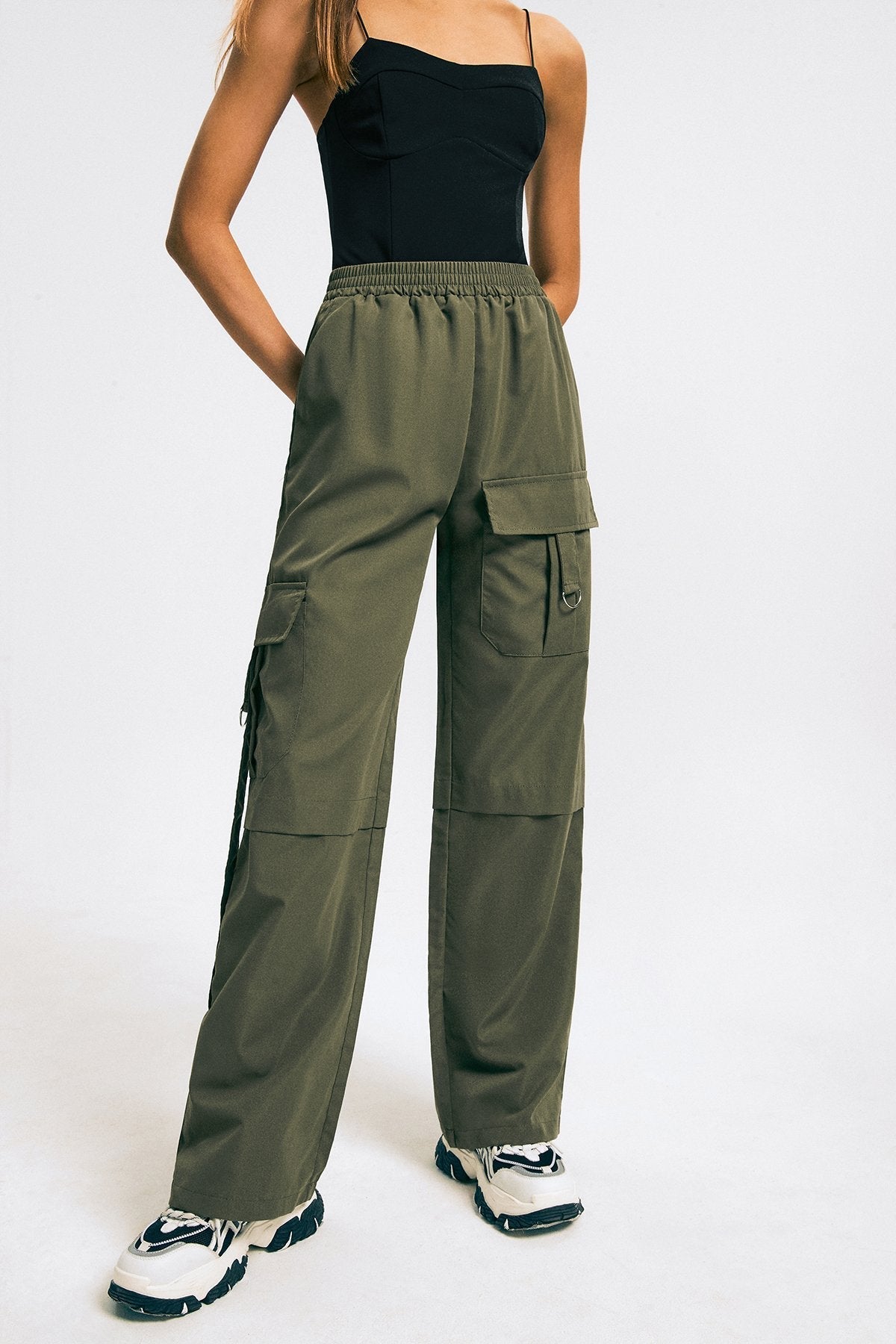 Flap Pocket Elastic Waist Solid Wide Leg Pants