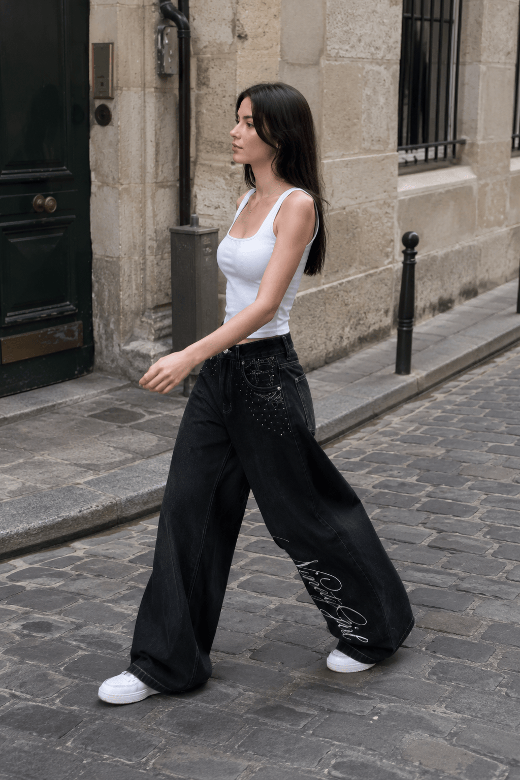 Angel Wing Embroidery Rhinestone Straight Jeans