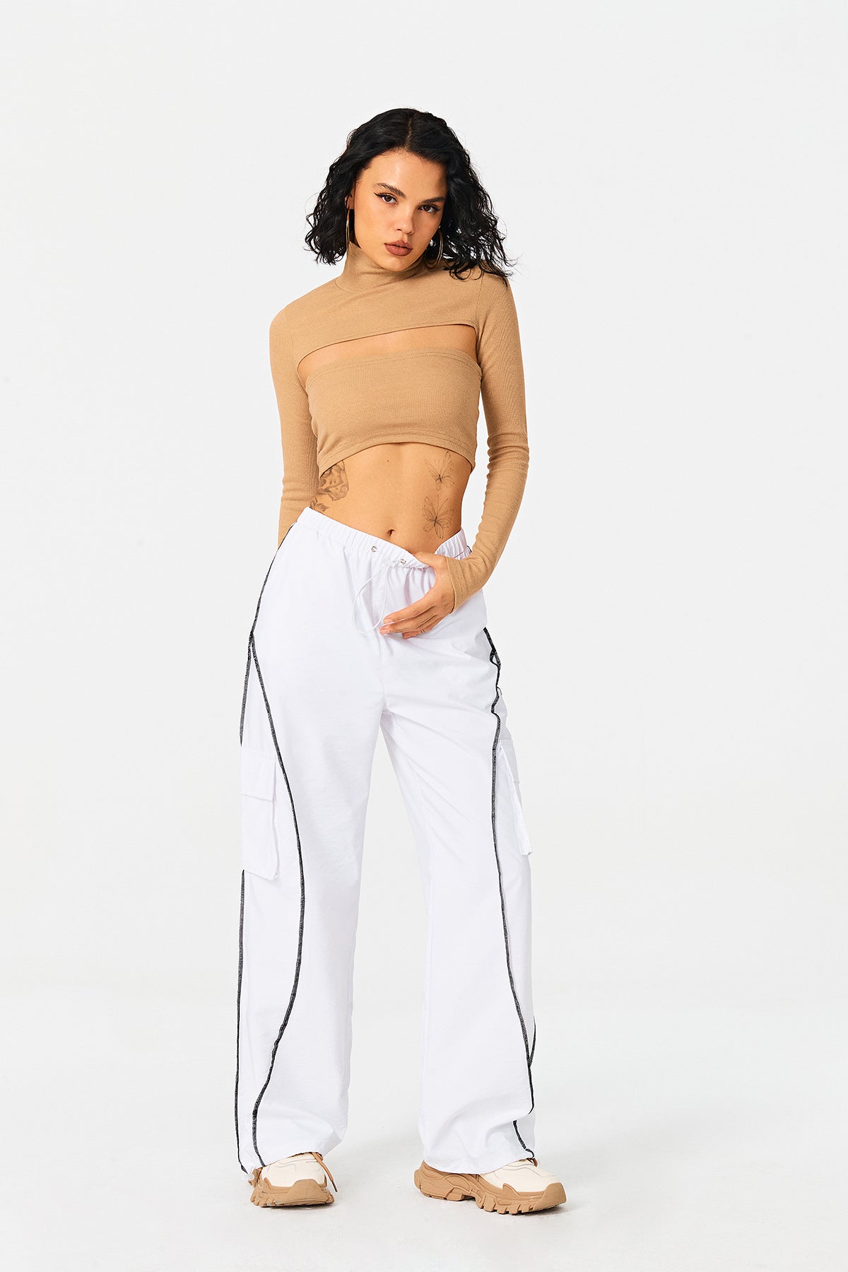 Low Waist Colorblock Trim Dual Pocket Cargo Pants