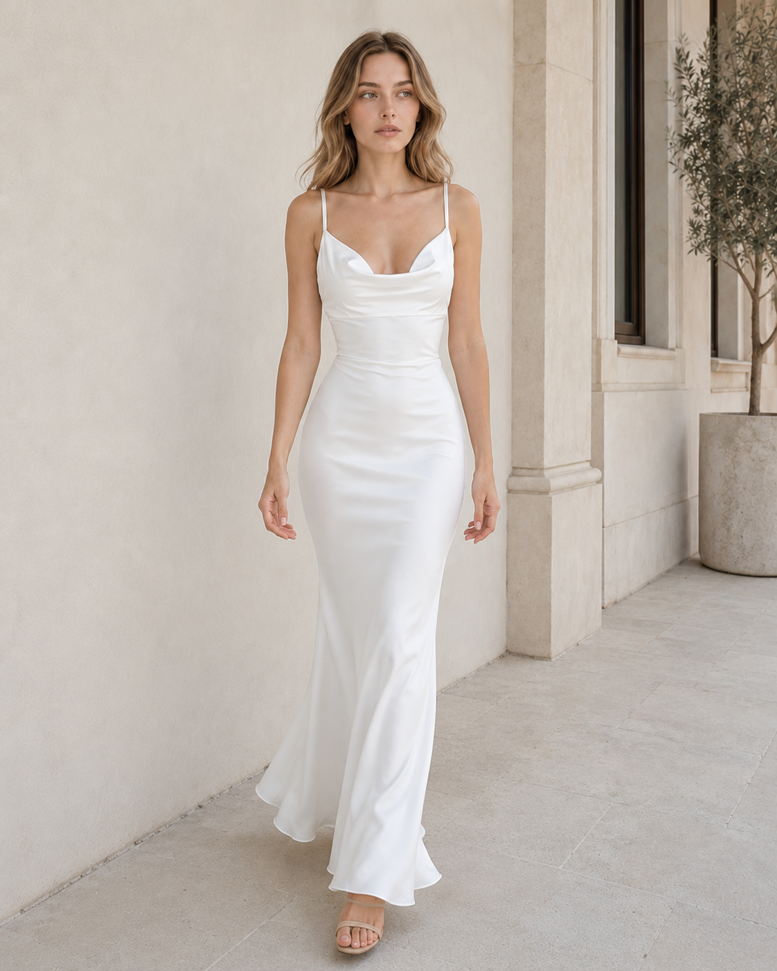 Solid Cowl Neck Backless Lace Patchwork Maxi Dress
