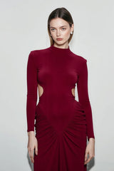 Slim Solid Long Sleeve High Neck Ruched Backless Formal Dress
