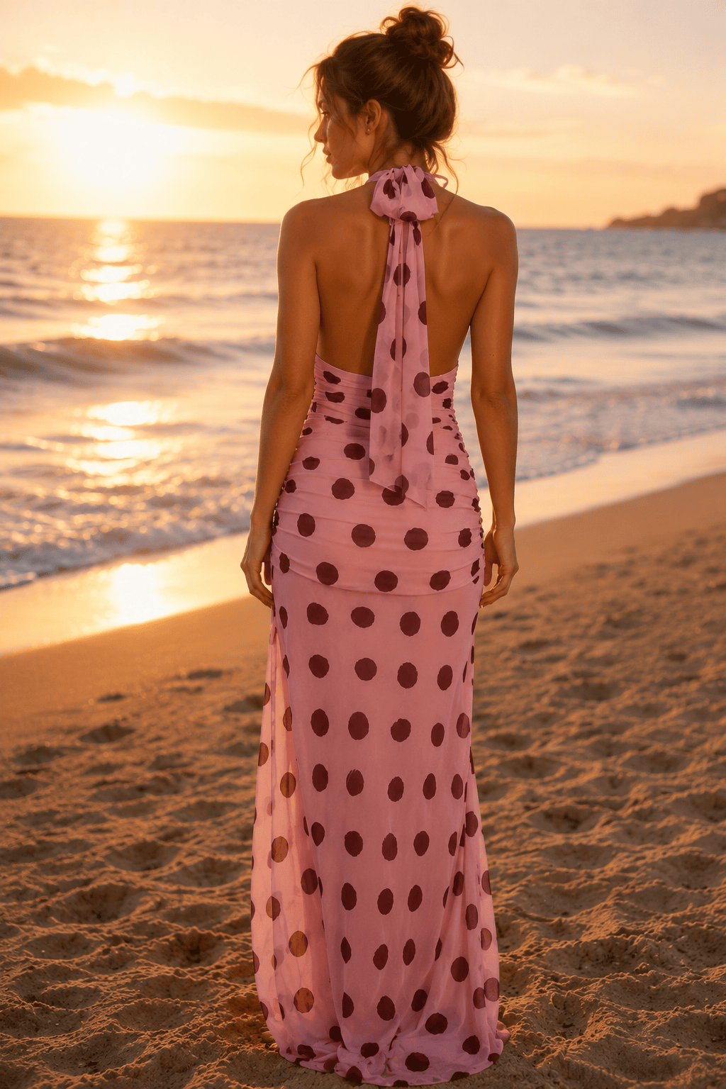 Backless Tie Waist Polka Dot Maxi Dress
