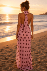 Backless Tie Waist Polka Dot Maxi Dress