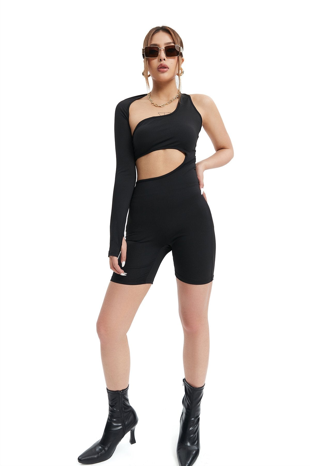 One Sleeve Asymmetrical Neck Cut Out Rompers Playsuit