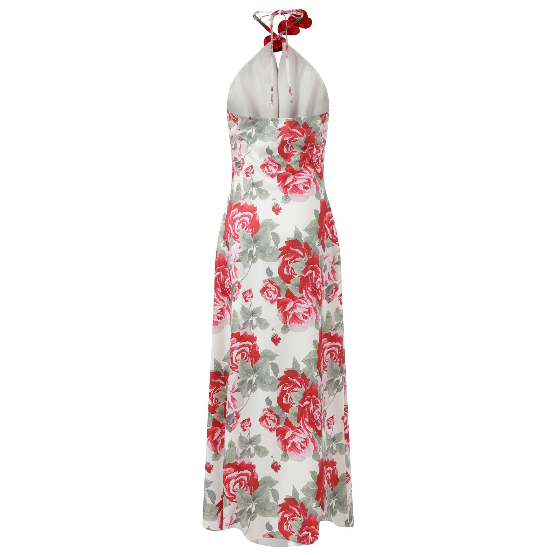 Satin Rosette Decor Halter Long Dress