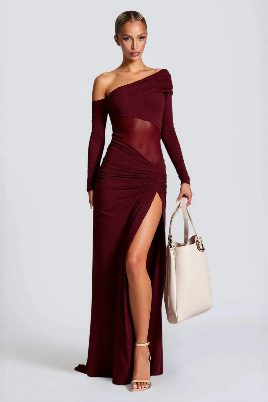 Slim Fit Round Neck Ruched Sheer Bodycon Formal Dress