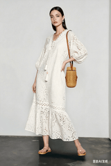 Embroidered Puff Sleeve White Midi Vacation Dress