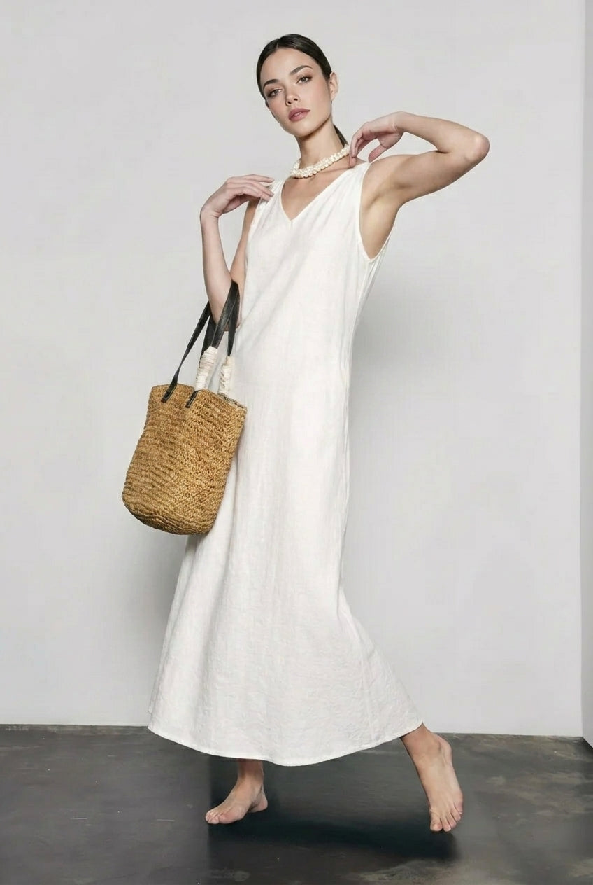 V Neck Linen Blend Sleeveless Vacation Dress