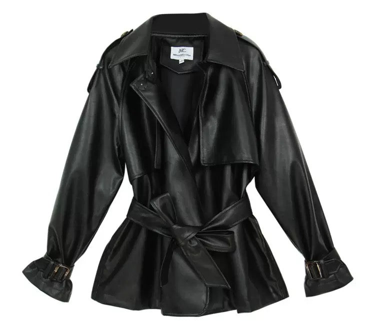 Stand Collar Belted PU Leather Quilted Jacket