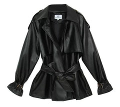 Stand Collar Belted PU Leather Quilted Jacket
