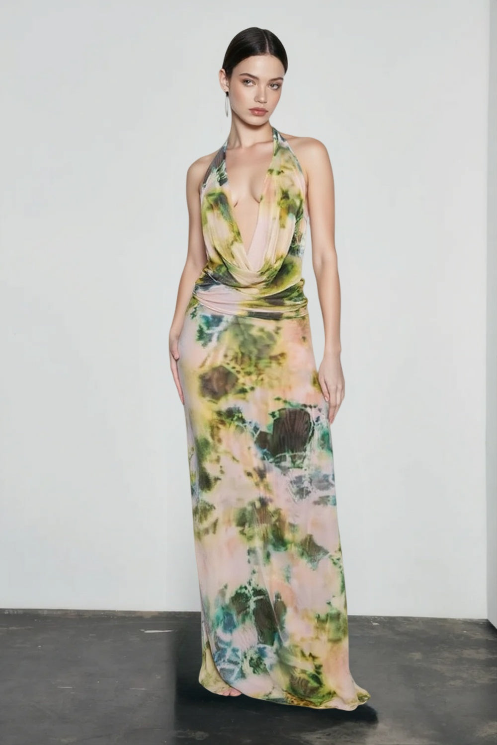 Printed Halter Cowl Neck Bodycon Vacation Dress