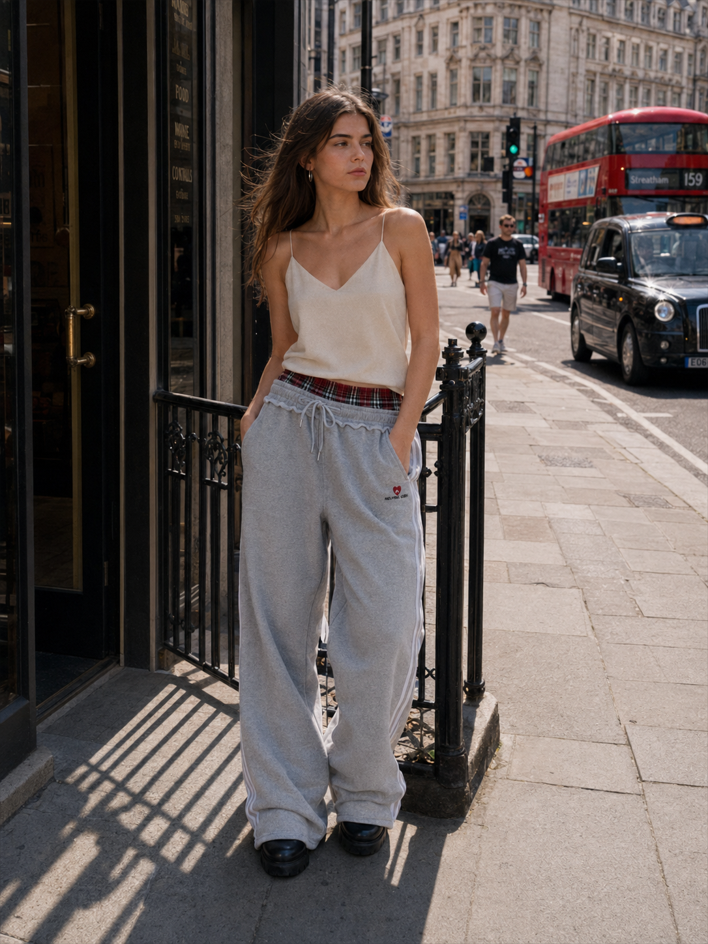 Stripe Plaid Panel Double Waist Wide Leg Pants