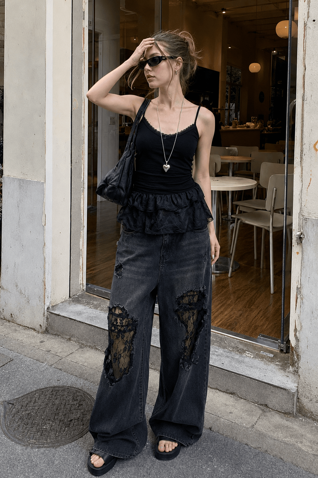 Lace Panel Ripped Wide Leg Jeans