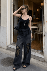 Lace Panel Ripped Wide Leg Jeans