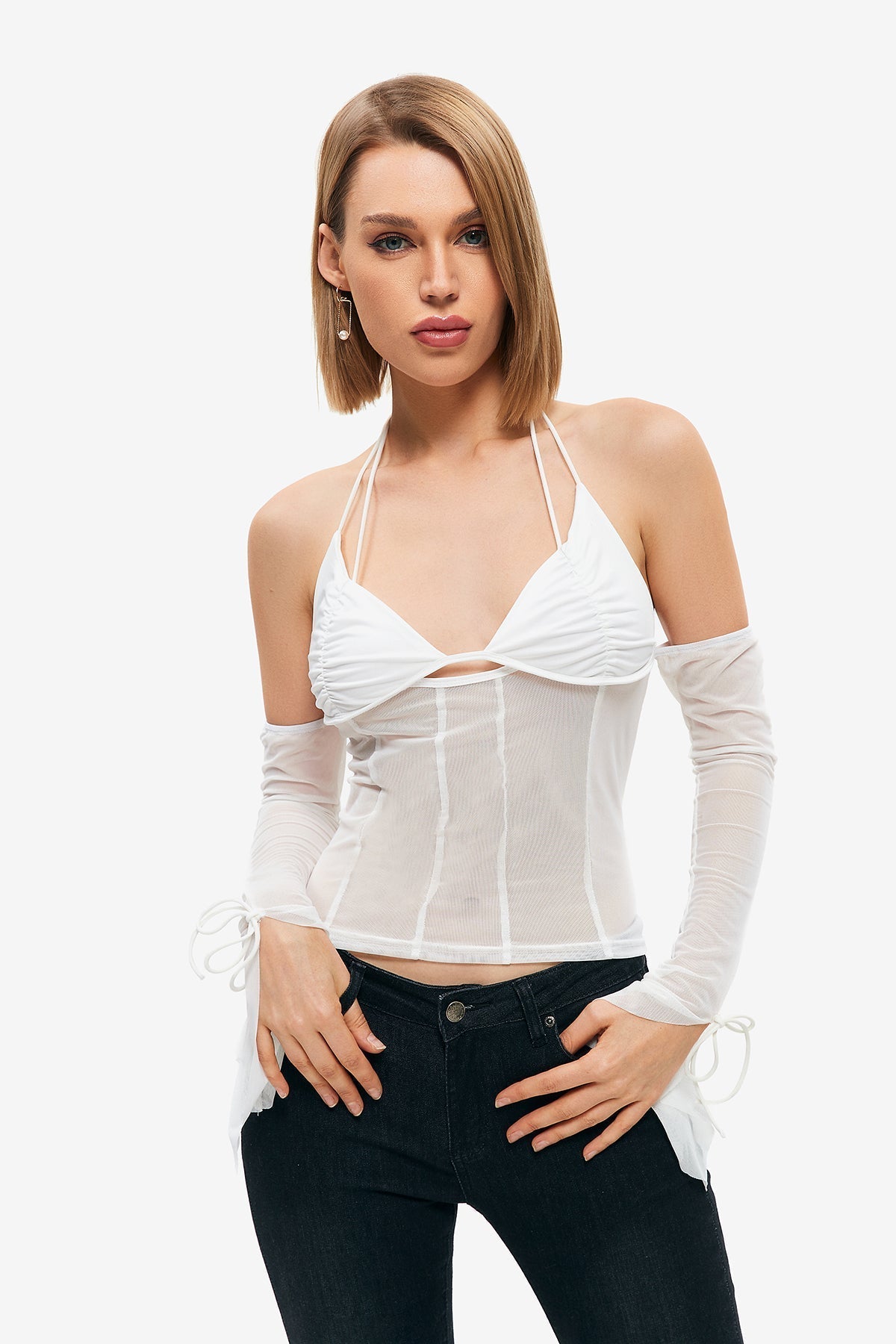 Lace Up Halter Neck Mesh Splicing Long Sleeve Top