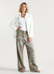 Vintage Washed Letter Print Wide Leg Slim Floor Length Jeans
