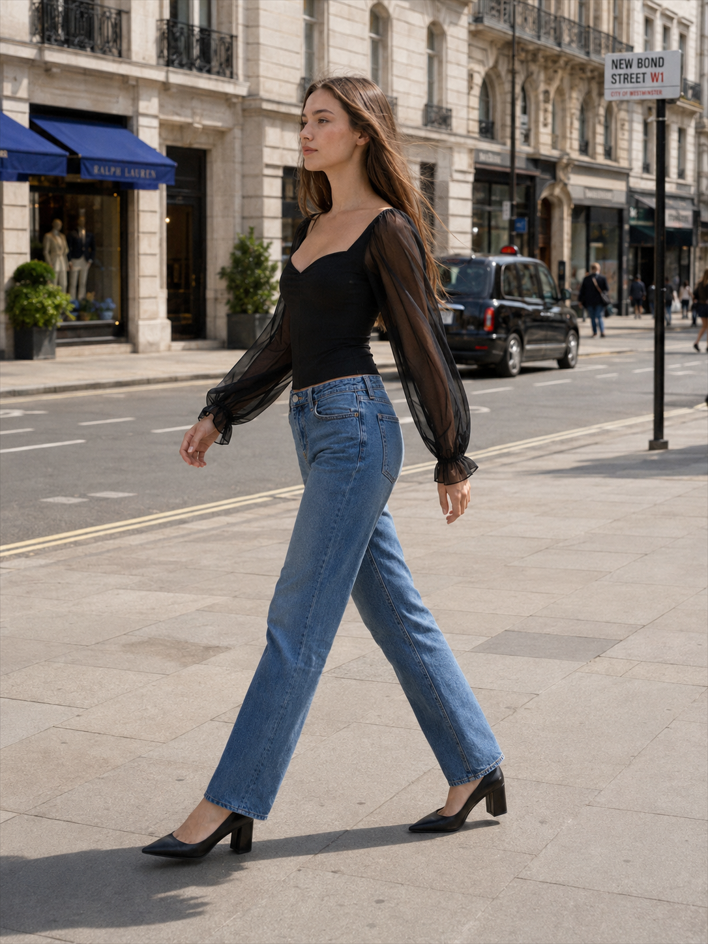 Ruched V-neck Puff Sleeve Slim Long Sleeve Tee