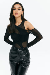 Mesh Cut Out Long Sleeve Solid Bodysuit