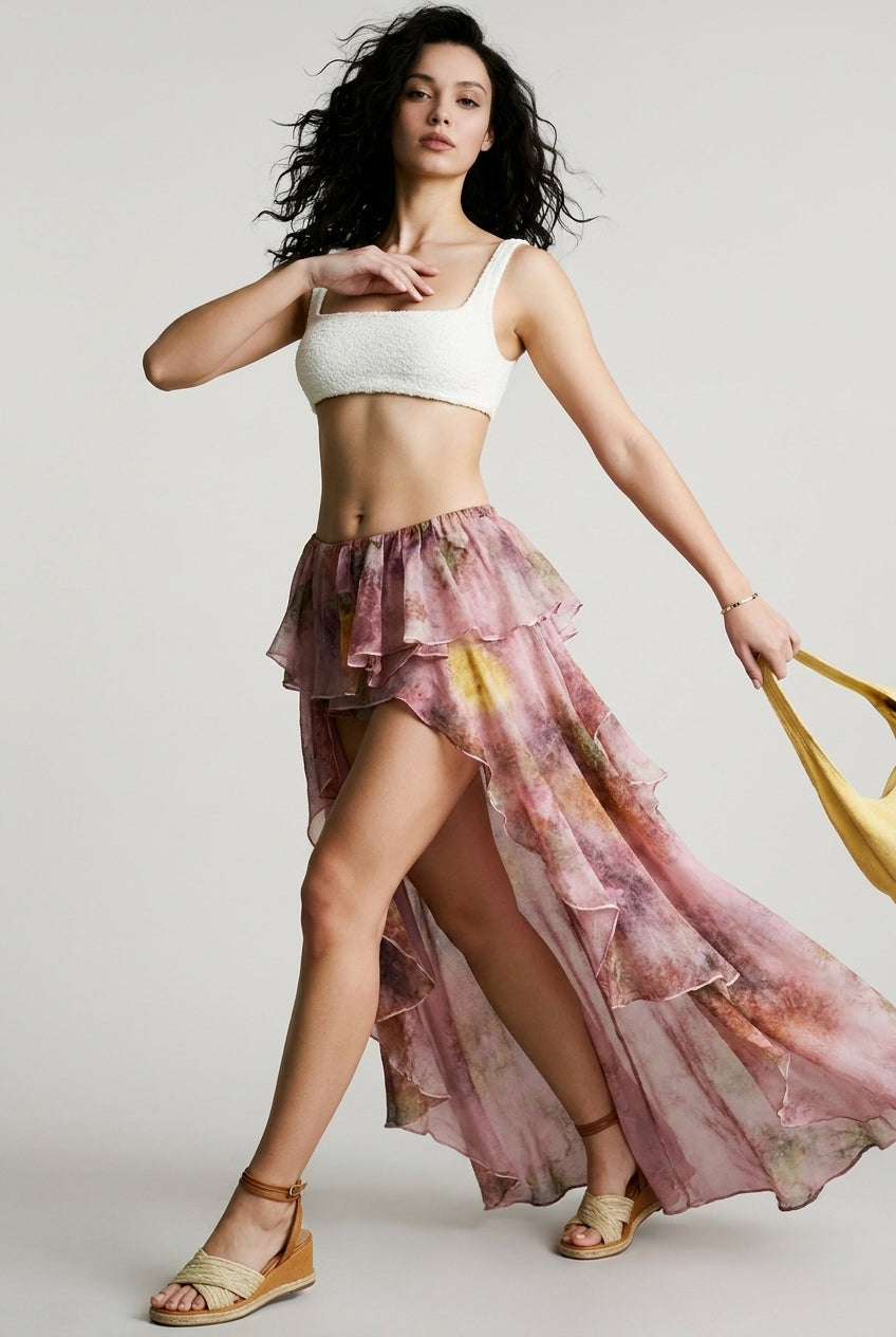 Floral Print Ruffle Irregular Vacation Skirt