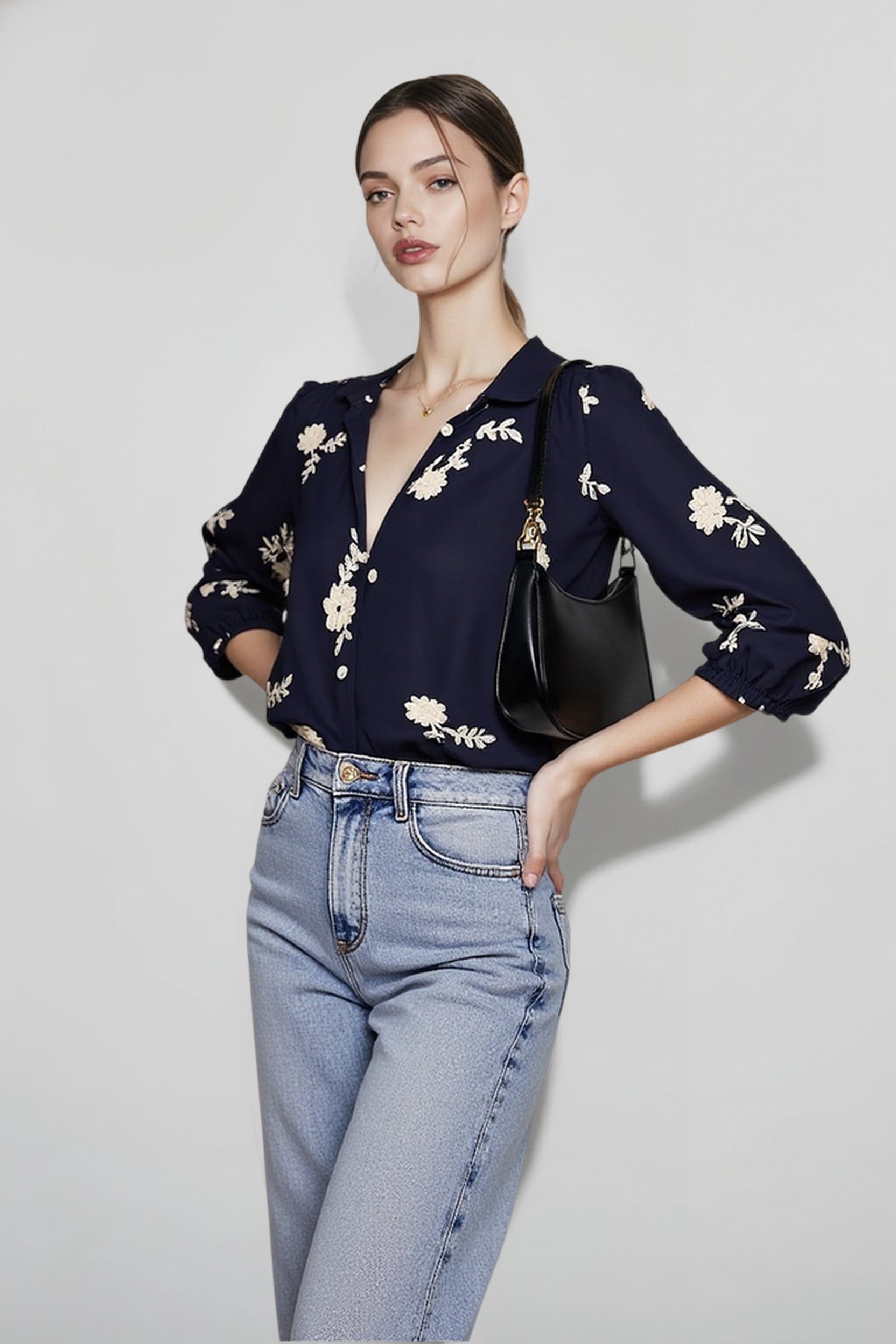 Printed Collared Lantern Sleeve Elegant Long Sleeve Blouse