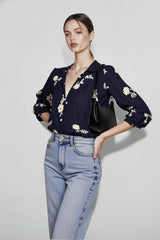 Printed Collared Lantern Sleeve Elegant Long Sleeve Blouse