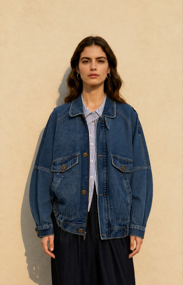 Stand Collar Washed Denim Utility Jacket