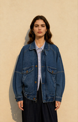 Stand Collar Washed Denim Utility Jacket