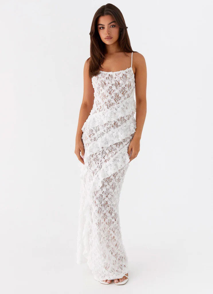 Suspender hollow Ladder Ruffle Long Dress