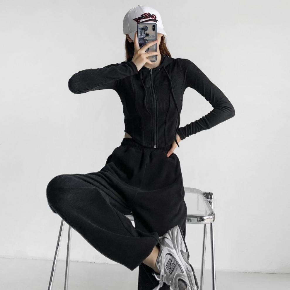 Rib Knit Hooded Zipper Long Sleeve Top