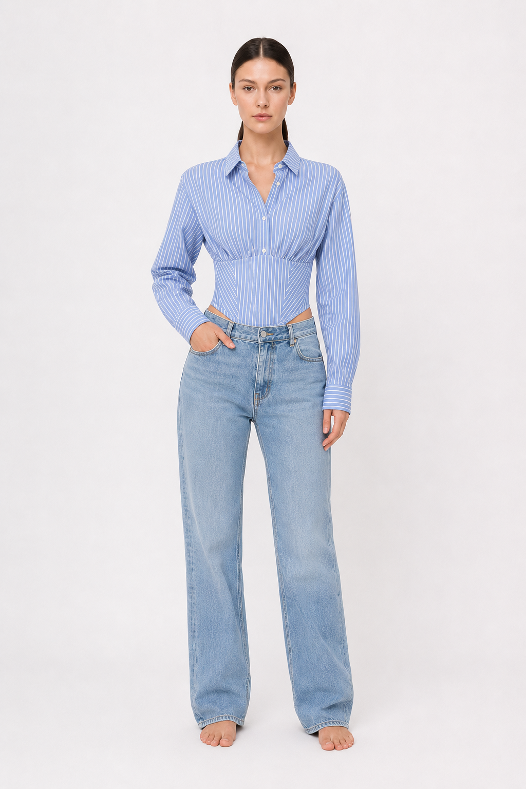 Striped Waist Cinched Collared Short Blouse