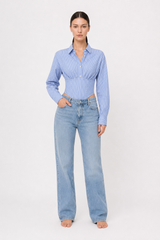 Striped Waist Cinched Collared Short Blouse