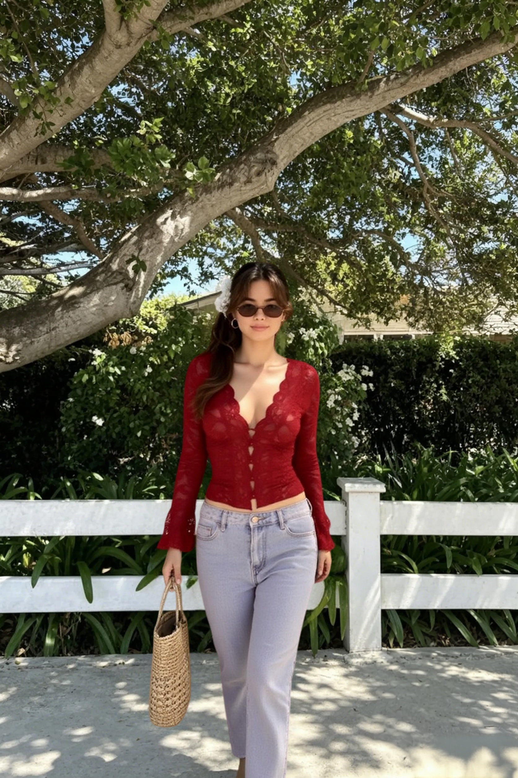 V-Neck Lace Long Sleeve Crop Top