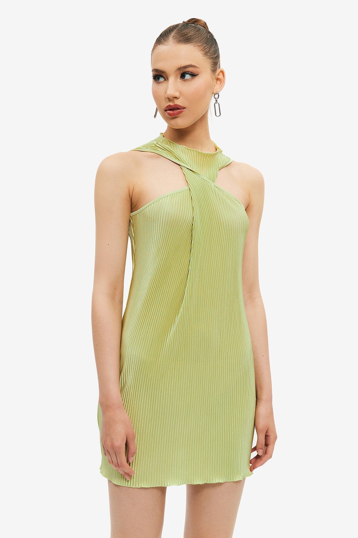 Twist Front Lettuce Trim Ruched Mini Dress