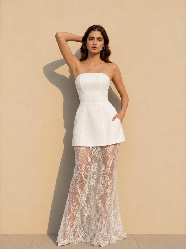 Strapless Cami Lace Maxi Skirt Two Piece Set