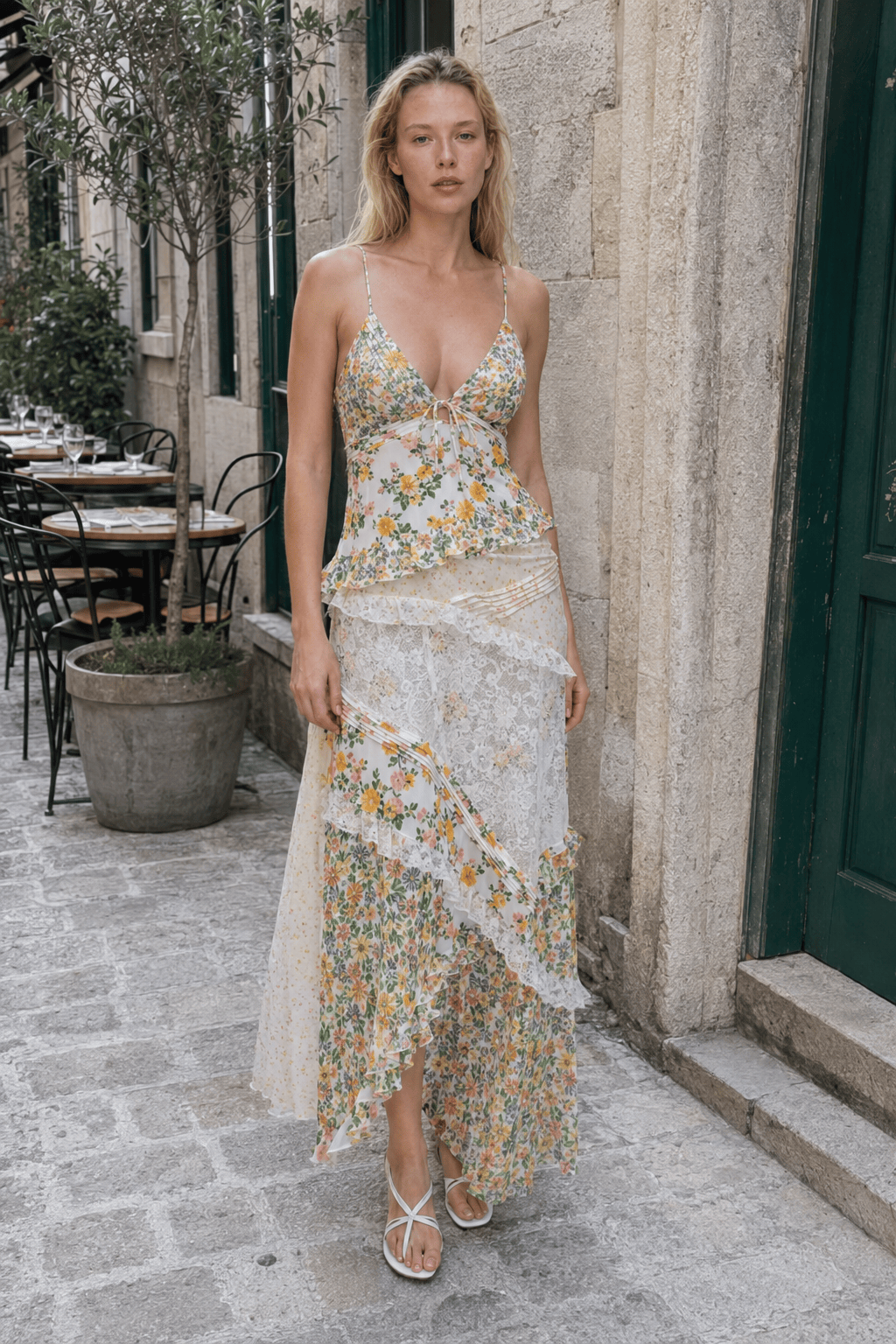 Deep V Ruffle Floral Lace Patchwork Cami Maxi Dress