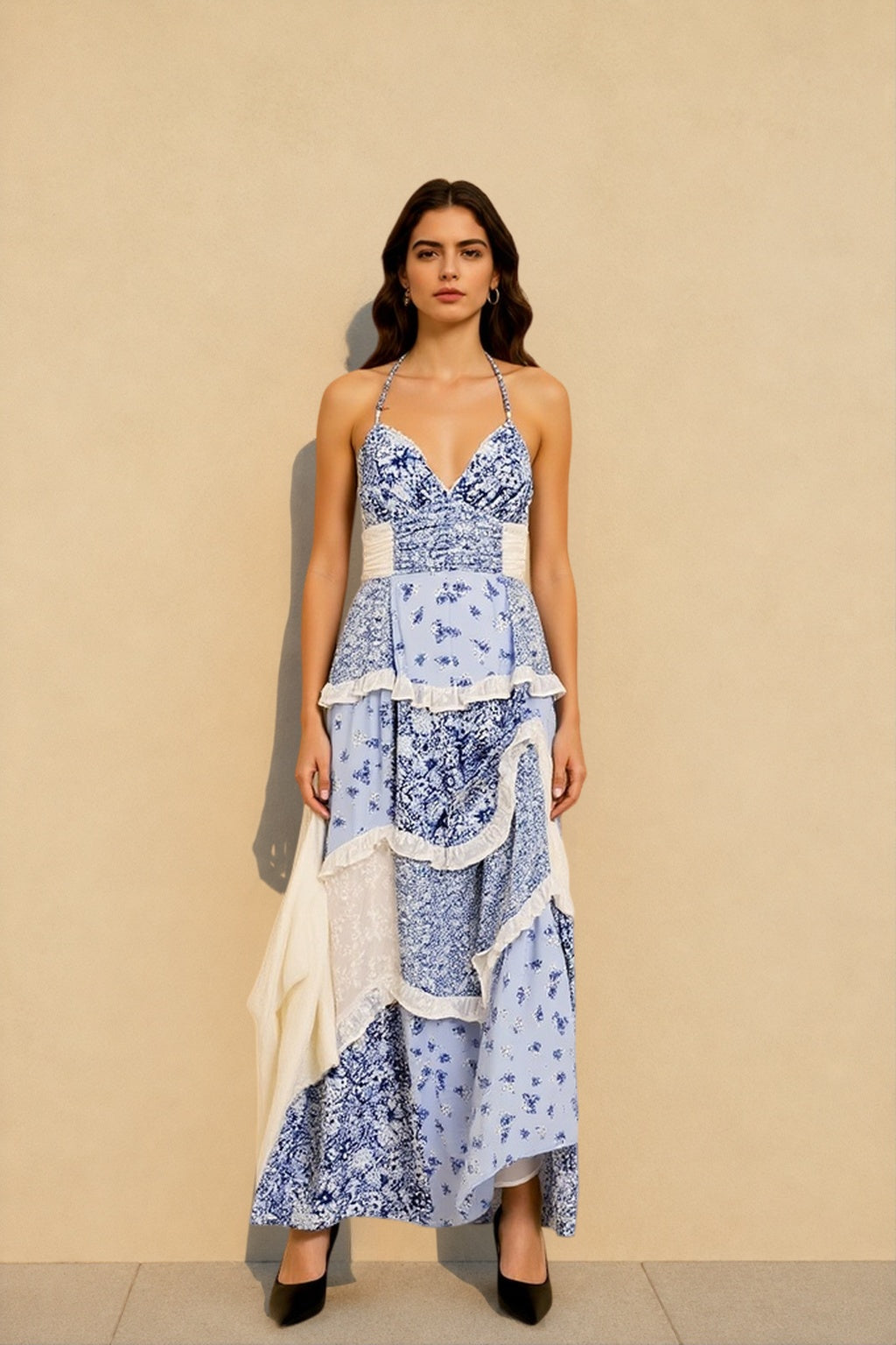 Boho Tie Shoulder Patchwork Floral Dress