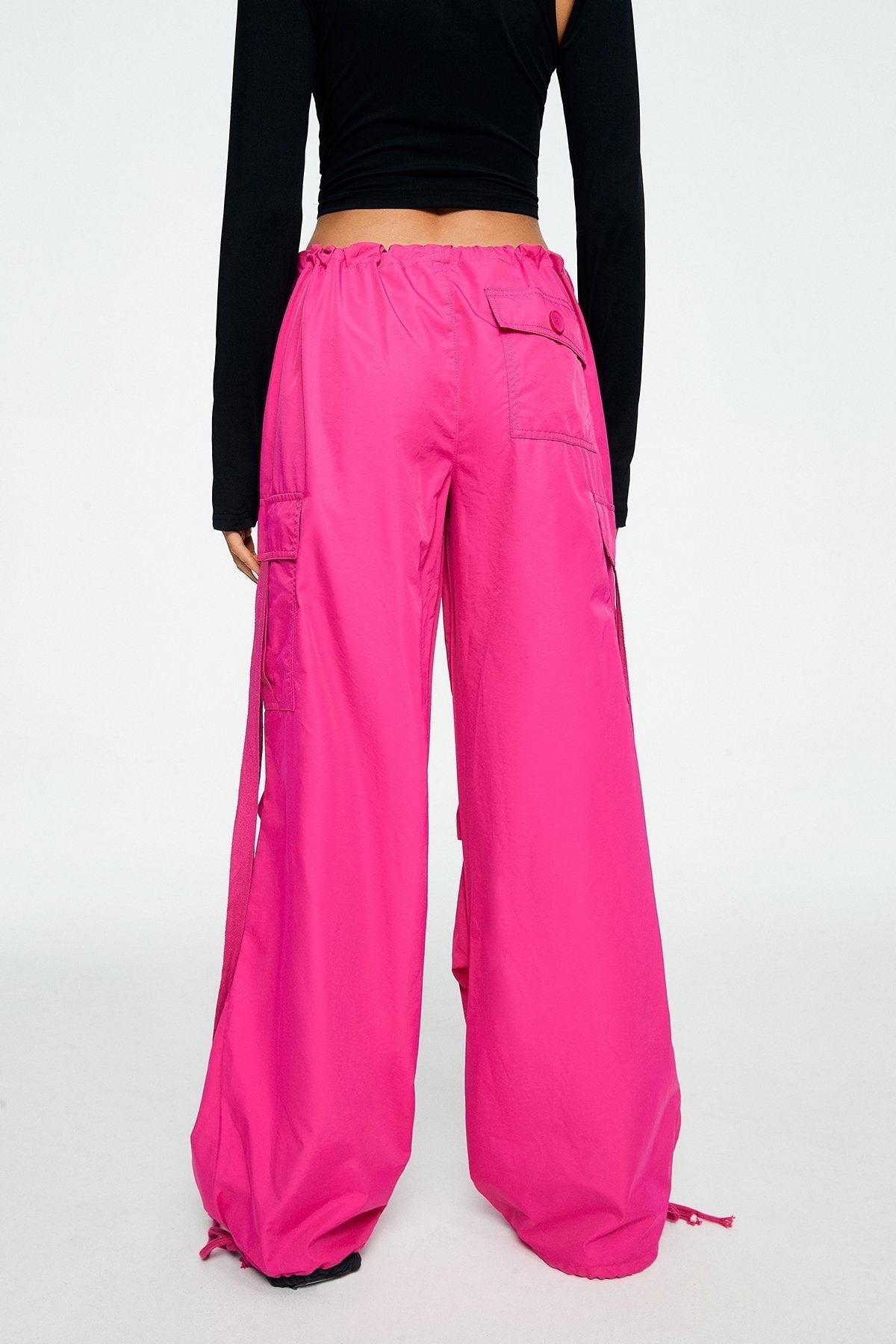 Drawstring Waist Pocket Patched Parachute Pants