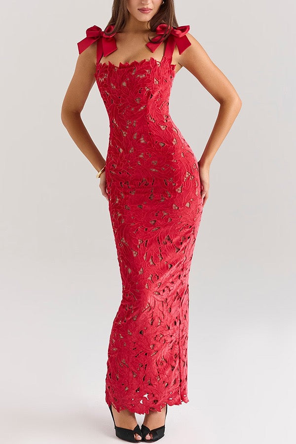 Floral Jacquard  Bow Straps Dress