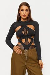 Cut Out Cross Over Tie Back Long Sleeve Bodysuit