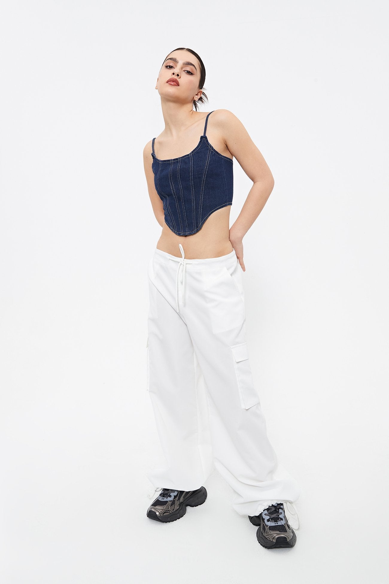 Top-stitching Curved Hem Denim Corset Top