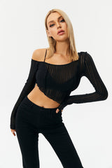 Asymmetric Hem Lettuce Trim Long Sleeve Top