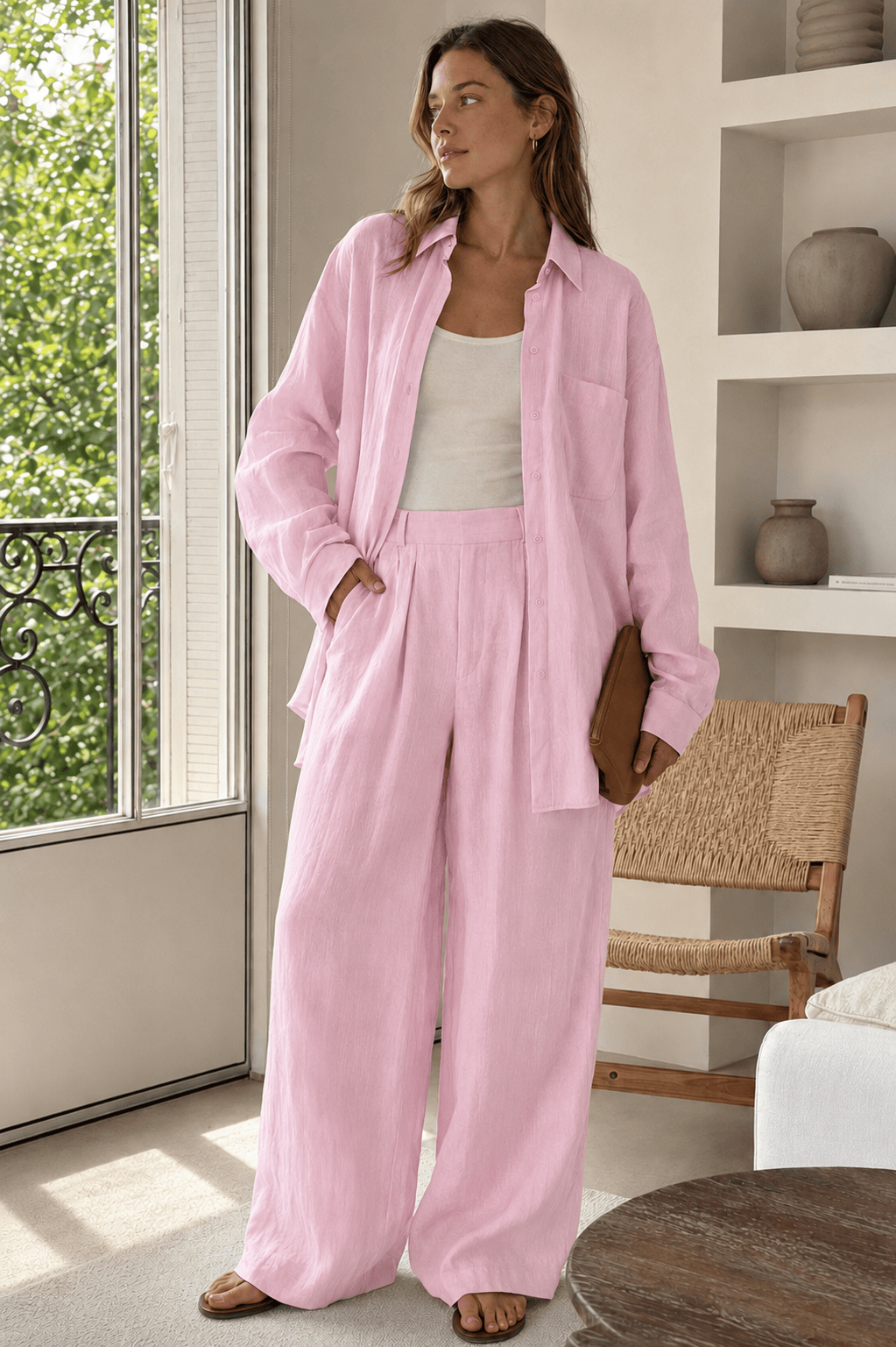 Linen Loose Long Sleeve Pants Two Piece Set