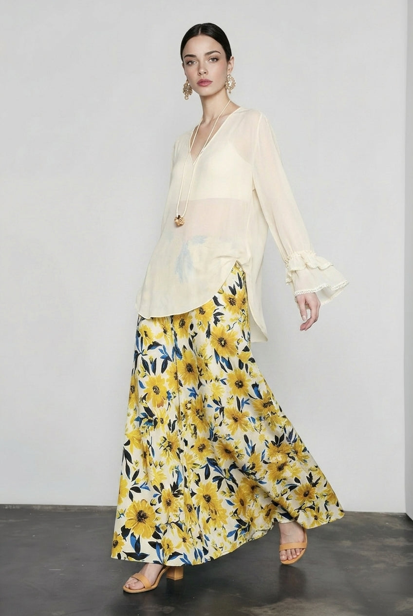 Silky Oil Print Color Block Vacation Skirt