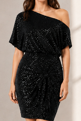 Asymmetric Shoulder Sequined Fitted Irregular Mini Dress