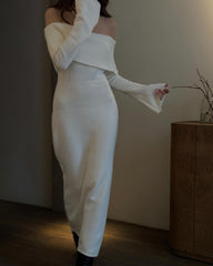Off Shoulder Long Sleeve Knit Midi Dress