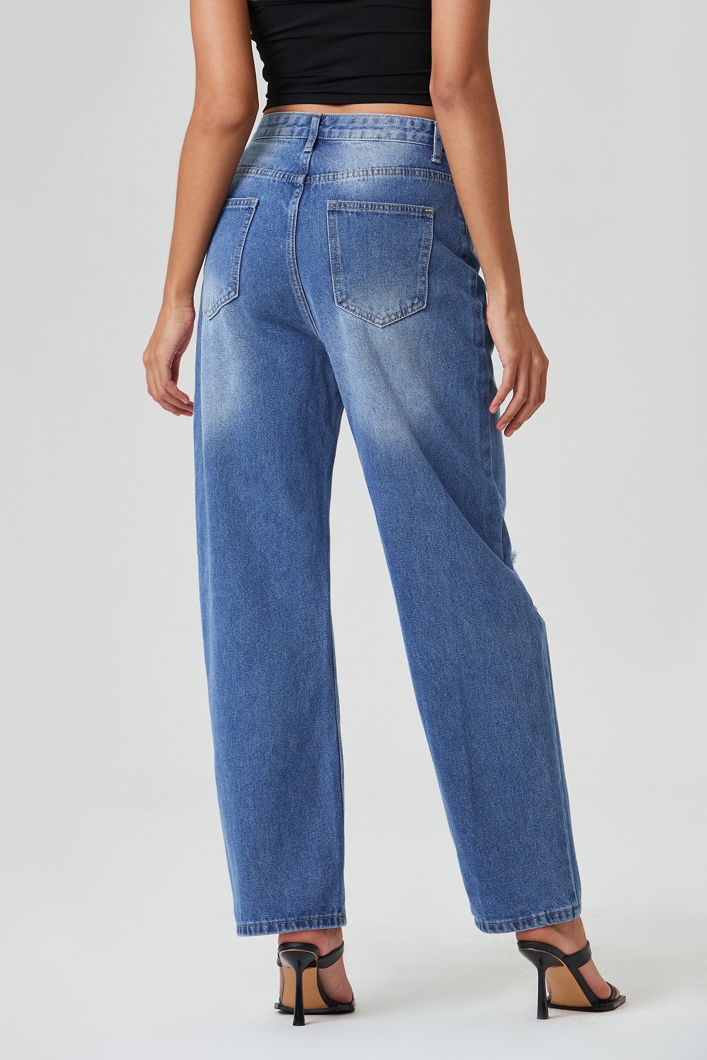 Low Waist Ripped Washed Dual Pocket Straight Pants